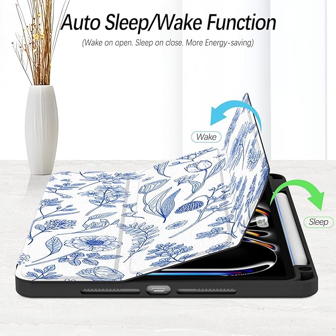 Case for iPad Pro 11-Inch M5/M4 2025/2024 (6th/5th Generation), Case with Pencil Holder, Clear Back Cover Cute Cool Design for Women Girls, Auto Sleep/Wake, Blue Flower