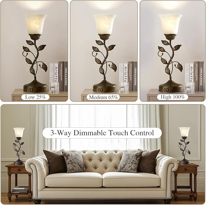 Set of 2 Touch Farmhouse Bedroom Table Lamps, Nightstand Vintage Flower Lamps with 2 USB Ports, 3 Way Dimmable Leaf Lamp for Living Room with White Glass Shades, Bulbs Included