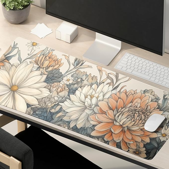 Japanese Minimalist Floral Desk Mat Vintage Botanical Flower Mouse Pad Beautiful Flowers Desk Pad 35.4”x15.7” Cute Floral Gaming Mouse Pad with Non-Slip Rubber Base Stitched Edge for Home Office Work