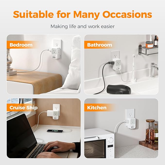 TESSAN USB C Charger Block, Multi Plug Wall Outlet Extender with 3 USB, Retractable USB-C Cable, 3 Side Multi Port Adapter for Cruise, Bathroom, Office, Dorm Essentials