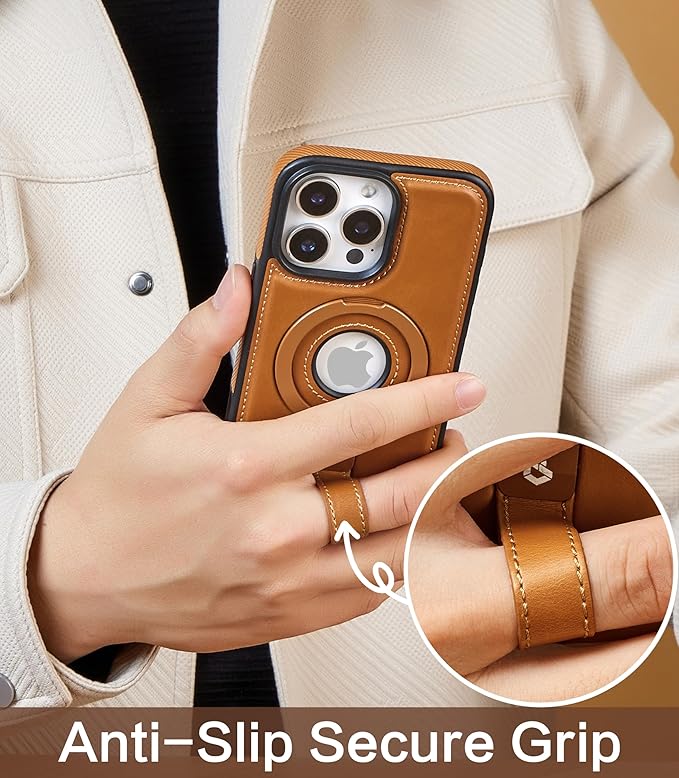 Butaiga for iPhone 14 Pro Max Leather Case with Stand, Anti-Slip Grip Ring, Fits for MagSafe (Brown, iPhone 14 Pro Max)