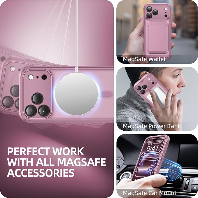 BERFY for iPhone 17 Pro Case, Compatible with MagSafe, Built-in Glass Screen Protector, Camera Protection, Shockproof Full Body Phone case 6.3", Translucent Palevioletred