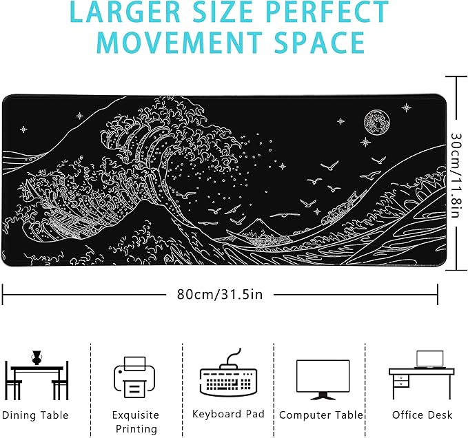 MEWOOCUE® Large Gaming Mouse Pad for Computer,Black Japanese Sea Wave Anime Mouse Mat,Long XXL Waterproof Keyboard Pads,Big Non-Slip Mouse Pads for Game Office Home（31.5 x 11.9 in）