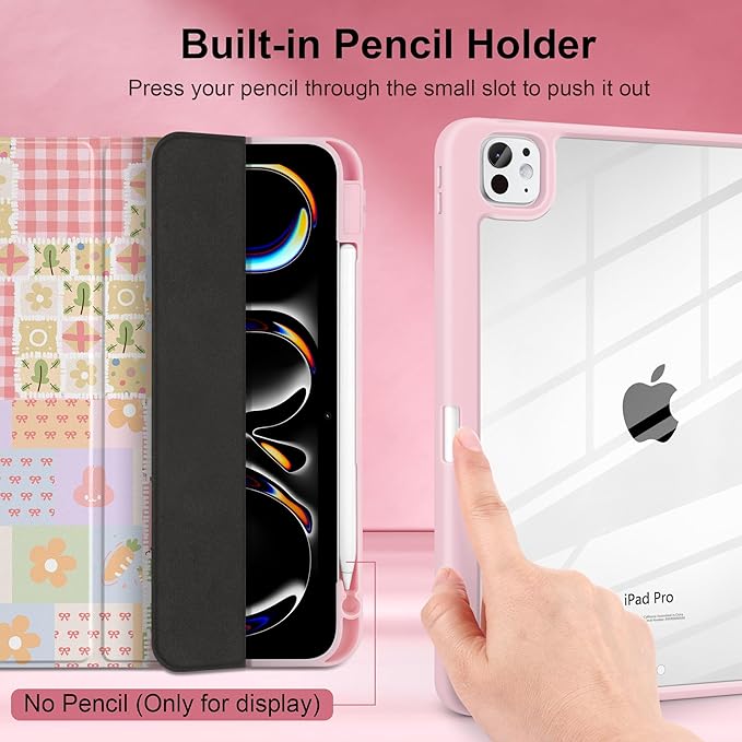 Case for iPad Pro 11 inch (M5) 2025 (M4) 2024 Release Slim Lightweight Cute Light Pink Cover with Clear Back TPU Edge Pencil Holder Trifold Stand, Cute Bunny