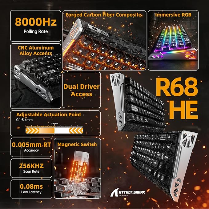 ATTACK SHARK R68 HE 60% Wired Rapid Trigger 8K Mechanical RGB Gaming Keyboard with 0.005mm Accuracy,0.08ms Latency,256K Scan,Hall Effect Magnetic Switch,Carbon Fiber+CNC Aluminum Alloy for PC FPS(Ink)