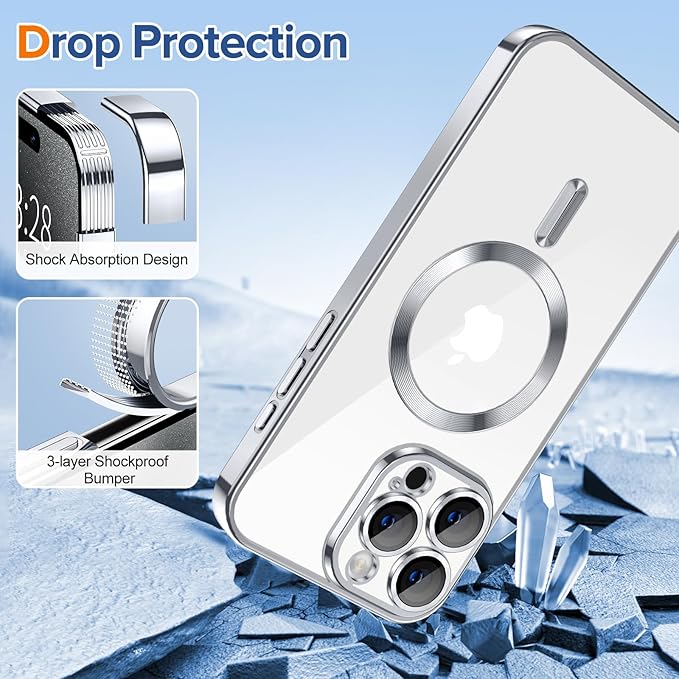 Hython Magnetic Clear for iPhone 15 Pro Case with Camera Lens Protector [Compatible with MagSafe] Luxury Plating Edge Slim Soft TPU Cover Protective Phone Case for iPhone 15 Pro 6.1", Silver