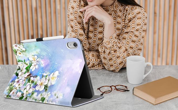 for iPad (A16) 11Th/10Th Generation Case 2025/2022, for iPad Case 11Th/10Th Generation, 10Th/11Th Gen iPadCase Cover Pencil Holder/Hand Strap/Pocket/Adjustable Stand, Blue Flower