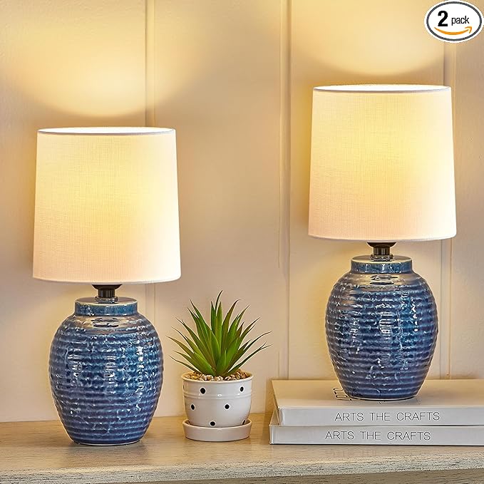 EJIAXIN Table Lamps Set of 2-13.75" Small Bedside Lamps - Classic Farmhouse Ceramic Table Lamp for Bedroom, Living Room, Nightstand, Office, Side Desk Lamp, End Table