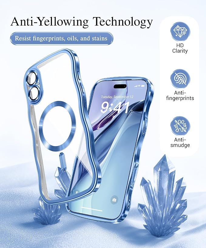 GVIEWIN for iPhone 17 Case Compatible with MagSafe, Upgraded [Full Camera Protection][Cute Wave Frame][Military Grade Protection] Electroplated Hard Phone Cover for Women Girl, Clear/Light Blue