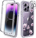Diaclara Designed for iPhone 14 Pro Max Case 6.7’’, Full Body Rugged Phone Case w/Built-in Sensitive Anti-Scratch Screen Protector+9H Tempered Glass Camera Lens Protector(Clear Flower)
