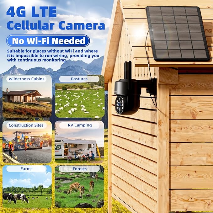 Industrial-Grade Black 4G LTE Solar Security Camera Outdoor, No WiFi Needed, 4MP HD, 360 View, Built-in SIM, AI Motion Detection, 2-Way Talk for Ranch/Jobsite/Construction