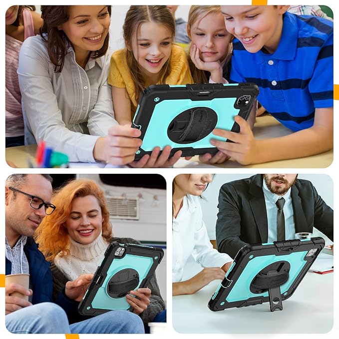 Timecity Case for iPad Pro 11 inch 2022/2021 (4th/ 3rd Generation), Shockproof with Screen Protector, Swivel Stand, Handle, Shoulder Strap, Pencil Holder Case for iPad Pro 11 Inch- Light Blue