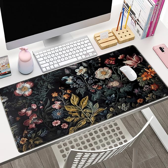 Floral Desk Mat Dark Vintage Aesthetic Desk Pad Flower Plant Black Extended Mouse Pad Large Gaming Mousepad XXL Laptop Computer Mouse Keyboard Mat 31.5 x 15.7 in for Office Desk Decor
