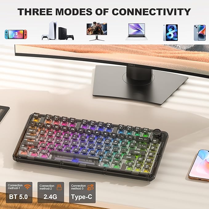 Transparent Mechanical Keyboard, 80-Key RGB Backlit Wireless Gaming Keyboards, Hot Swap Customizable Clear Acrylic Design, Quiet Linear Switches, 3 Modes BT5.0/2.4G/USB-C 4000mAh Battery (Black)
