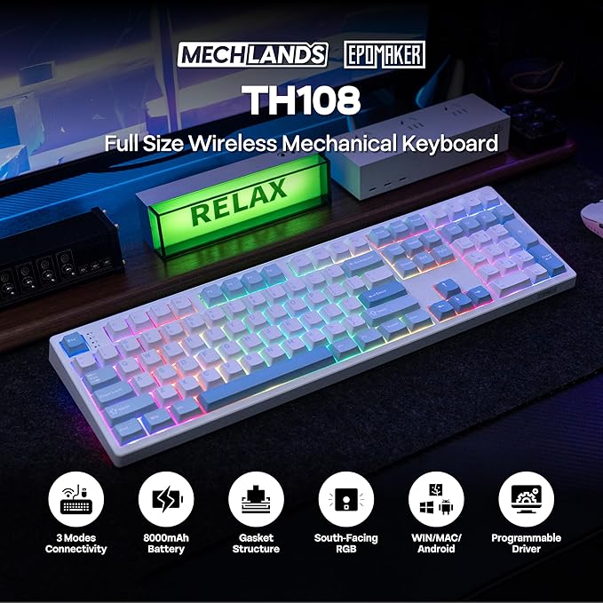 MechLands EPOMAKER TH108 Full Size Mechanical Keyboard, Wireless Gaming Keyboard, 8000mAh Battery, Creamy Gasket, 108 Keys, Hot Swap, Custom Driver, RGB Backlights (Blue&White, Creamy Jade Switch)
