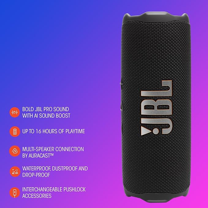 JBL Flip 7 - Portable Waterproof and Drop-Proof Speaker, Bold JBL Pro Sound with AI Sound Boost, 16Hrs of Playtime, and PushLock System with Interchangeable Accessories (Teal)