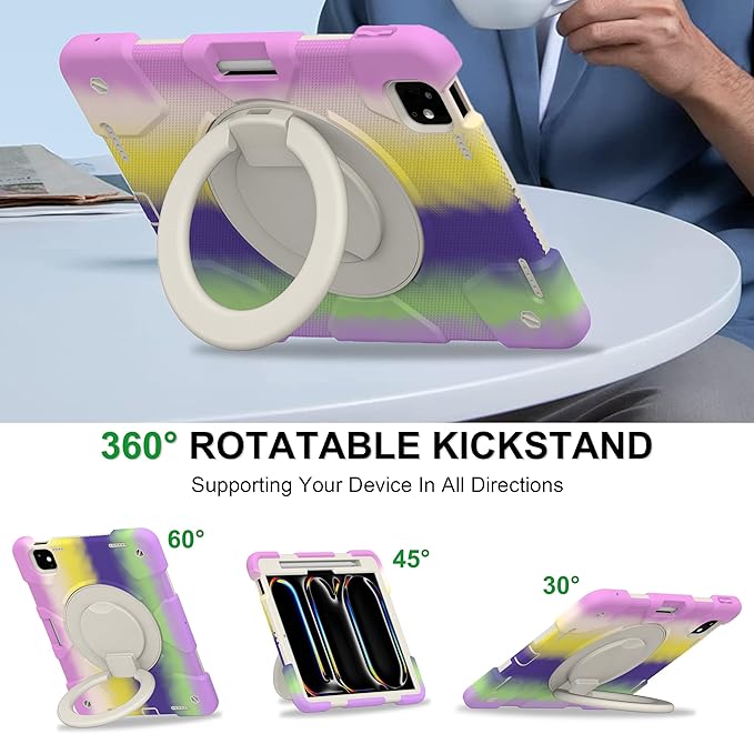 Andnary Case for iPad Pro 11 Inch M4 2024/M5 2025 Case, Heavy Duty Shockproof Cover with Screen Protector/360° Rotate Stand/Shoulder Strap/Pencil Holde (Colorful Purple, iPad Pro M4/M5 11 inch)