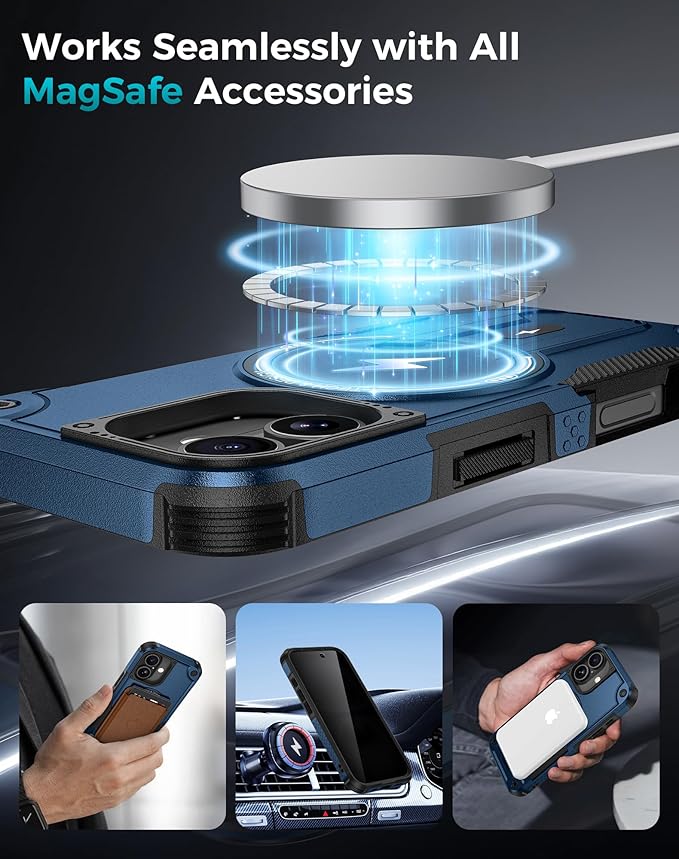 Goton for iPhone 16 Case with Privacy Tempered Glass Screen Protector & Camera Lens Protector, Compatible with MagSafe, Invisible Kickstand, Shockproof Phone Cover for iPhone16, Blue