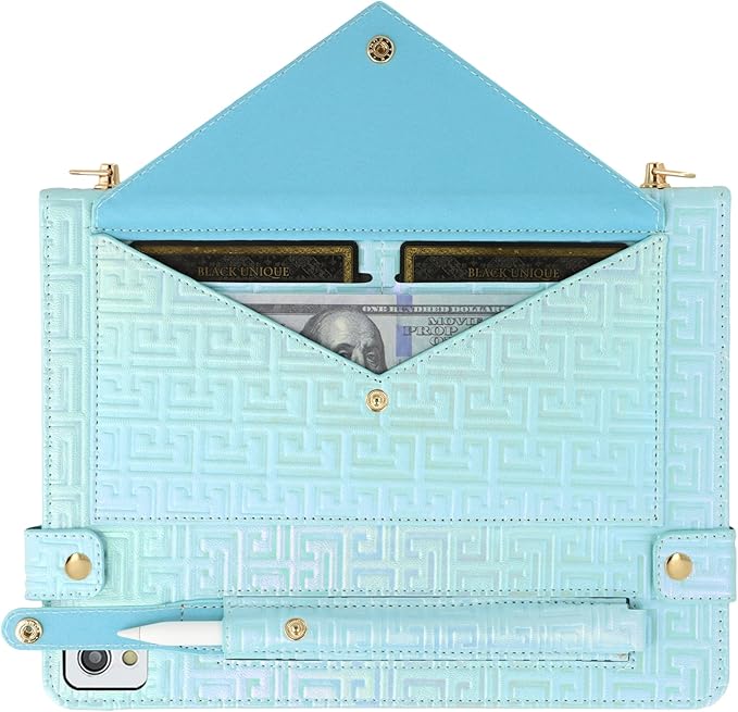 Shiny Case for iPad 6th/5th Gen 9.7 Inch (2018/2017), iPad Pro 9.7"/Air 2, Techcircle Crossbody Iridescent Folio Stand Multi-Pocket Wallet Case with Pencil Holder+Hand/Shoulder Strap, Shiny Blue