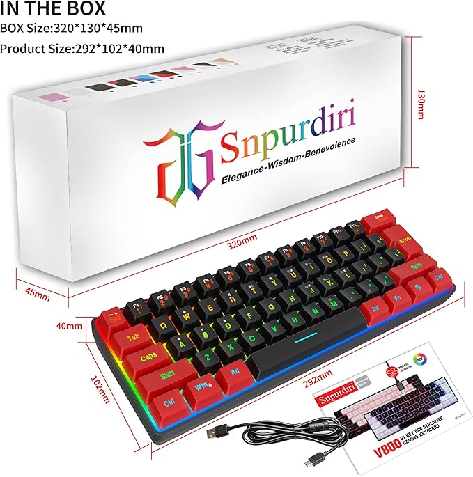 Snpurdiri 60% Wired Gaming Keyboard, Ultra-Compact RGB Backlit Small Gaming Keyboard for PC Computer Gamer (Red and Black)