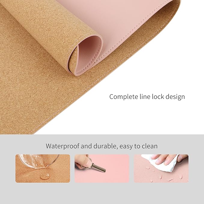 RENMTURE Dual-Sided Mouse Pad, Natural Cork & PU Leather Large Desk Pad for Office and Home Work, Desk Protector Non-Slip, Waterproof, Easy Clean (Pink, 36"x17")