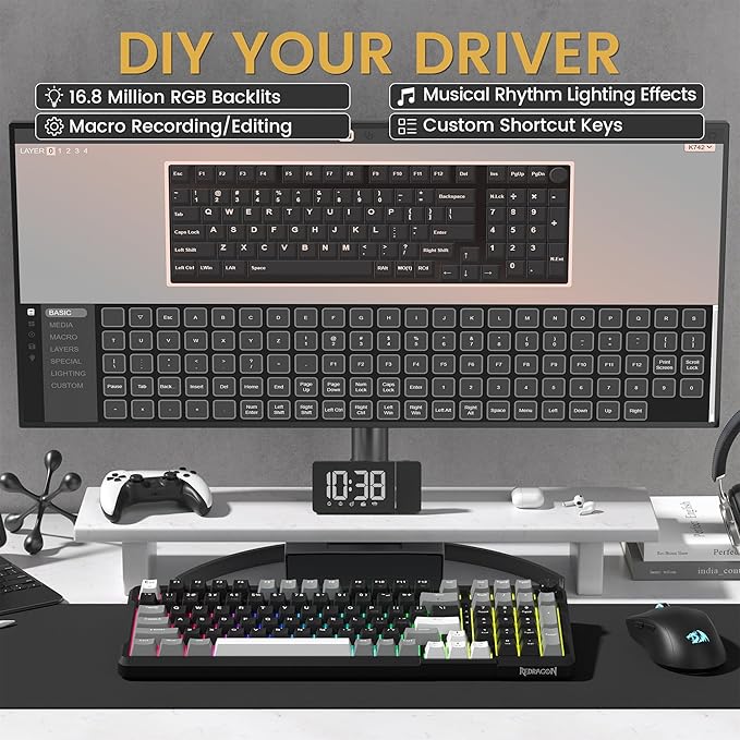 Redragon K742 Wireless Mechanical Gaming Keyboard with Knob, Bluetooth 5.0/2.4GHz/USB C Wired Creamy Keyboard with Number Pad for PC Computer, RGB Backlits, Hot-Swappable with Linear Switches (Black)