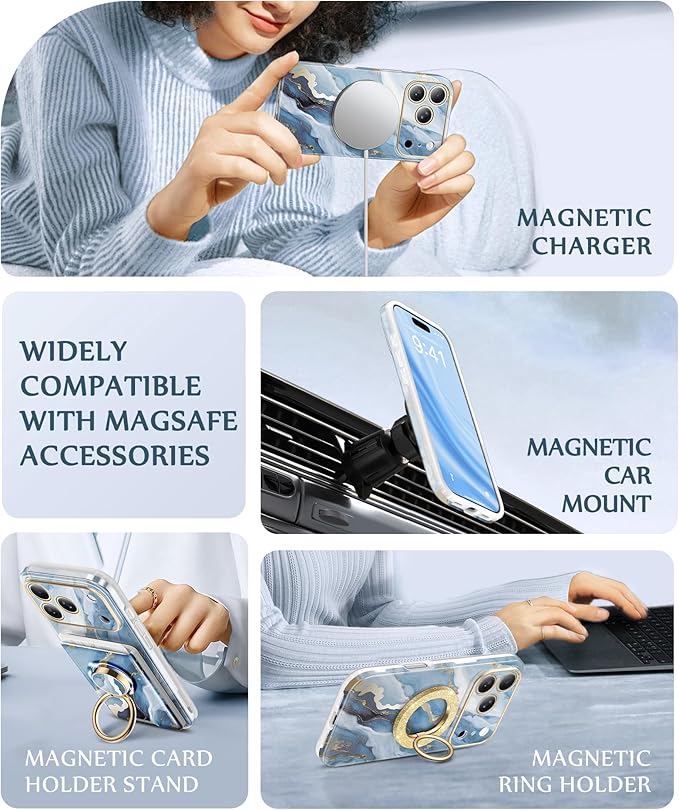 GVIEWIN for iPhone 17 Pro Case Compatible with MagSafe, [Full Camera Protection][Military-Grade Protection] Shockproof Protective Slim Magnetic Marble Phone Case for 17 Pro 6.3", Serene/Blue