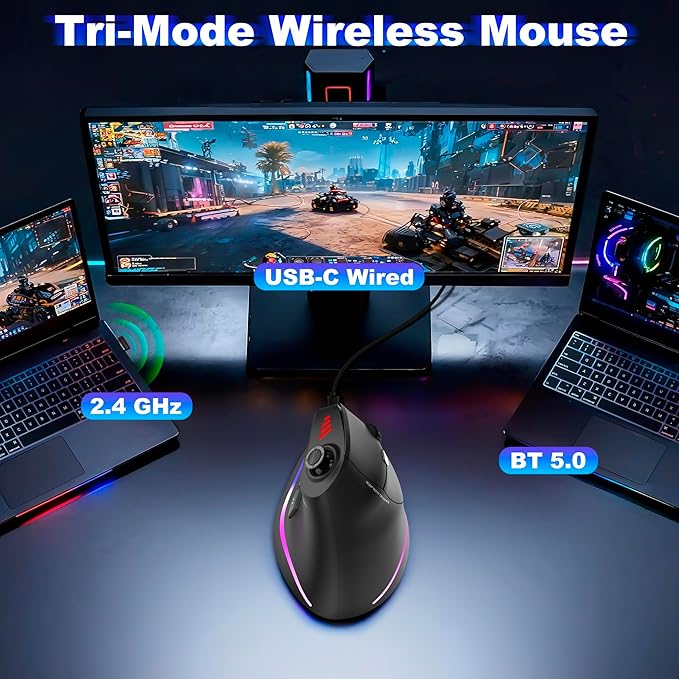 TRELC Wireless Gaming Mouse with 5 D Rocker, 24000 DPI/11 Programmable Buttons, Ergonomic Mouse for 2 Devices Connection (BT+2.4GHz), Vertical Rechargeable Mice for PC/Laptop/E-Sports/Gamer (Black)