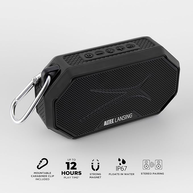 Altec Lansing Portable Bluetooth Speaker HYDRAMINI 2.0, IP67 Waterproof, Portable Speaker, 12h Playtime, Wireless Pairing, USB-C Quick Charge, Magnetic Bluetooth, Voice Assistant Integration