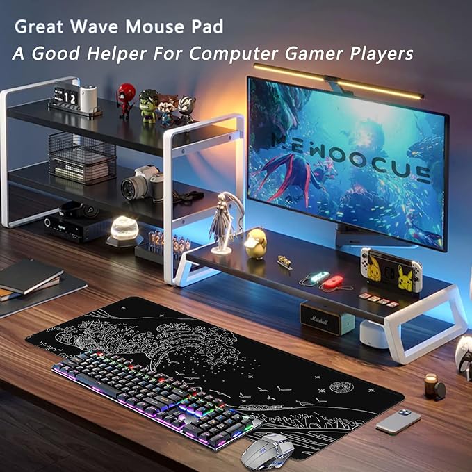 MEWOOCUE® Large Gaming Mouse Pad for Computer,Black Japanese Sea Wave Anime Mouse Mat,Long XXL Waterproof Keyboard Pads,Big Non-Slip Mouse Pads for Game Office Home（31.5 x 11.9 in）