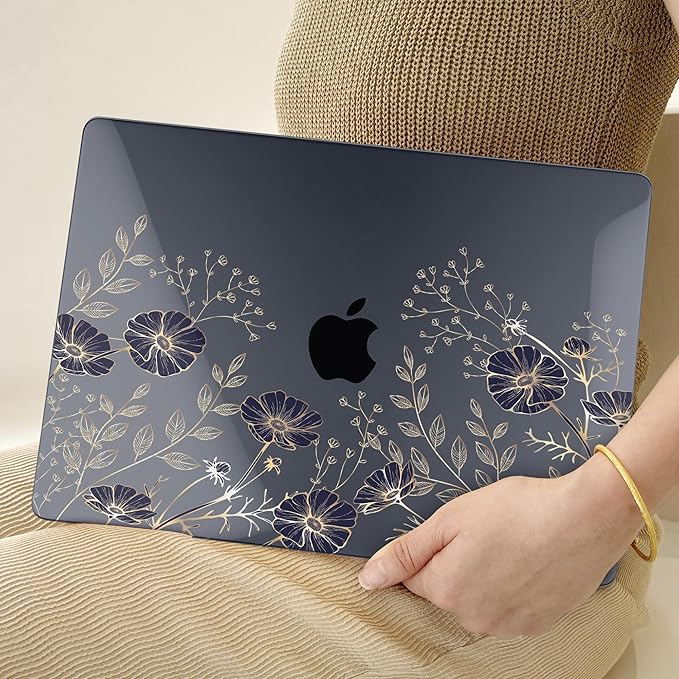TWOLSKOO for MacBook Air 13.3 inch Case 2021 2020 2019 2018 Release M1 A2337 A2179 A1932 with Touch ID, Plastic Hard Shell Case & Keyboard Cover & Type C Adapter, Golden Flowers