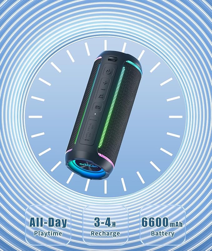 Ortizan Portable Bluetooth Speaker (3nd Gen), Bold 40W Sound with DSP Bass Boost, IPX7 Waterproof, 30Hrs of Playtime, TWS, BT 5.3, Colorful Lights, EQ, USB, Wireless for Home, Outdoor, Party - Black