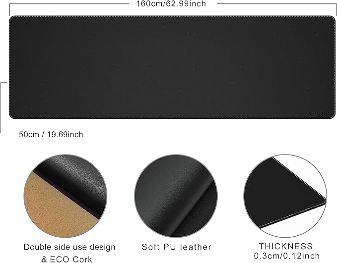 Chihein 55” x 20” Cork & PU Leather Desk Mat (Black) - Huge Mouse Pad, Double Sided Waterproof Desk Pad Protector for Gaming, Office, Home