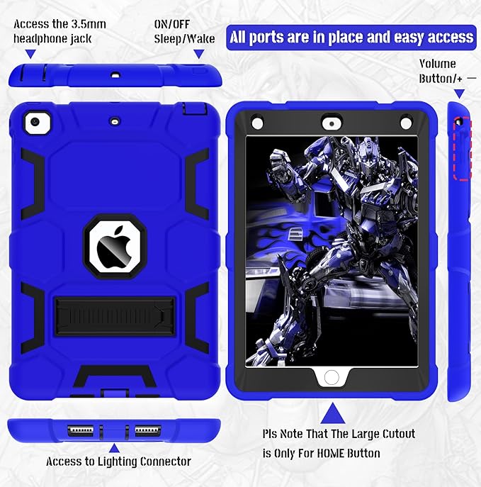 CCMAO iPad 6th Generation Cases, iPad 5th Generation Case, iPad 9.7 Case, iPad Air 2 Case, Hybrid Shockproof Rugged Drop Protection Case Built with Kickstand, Dark Blue+Black