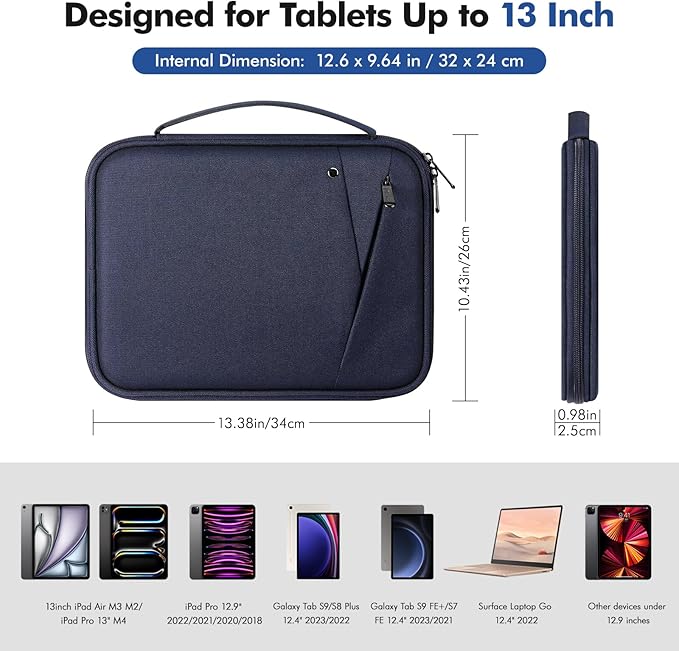 MoKo 12.9 Inch Tablet Sleeve Carrying Case with Handle, Padded Protective Travel Bag for New 13 Inch iPad Air M4 2026 & Pro M5 2025, iPad Pro 12.9 M2&M1, Galaxy Tab S9/S8 Plus 12.4", Indigo
