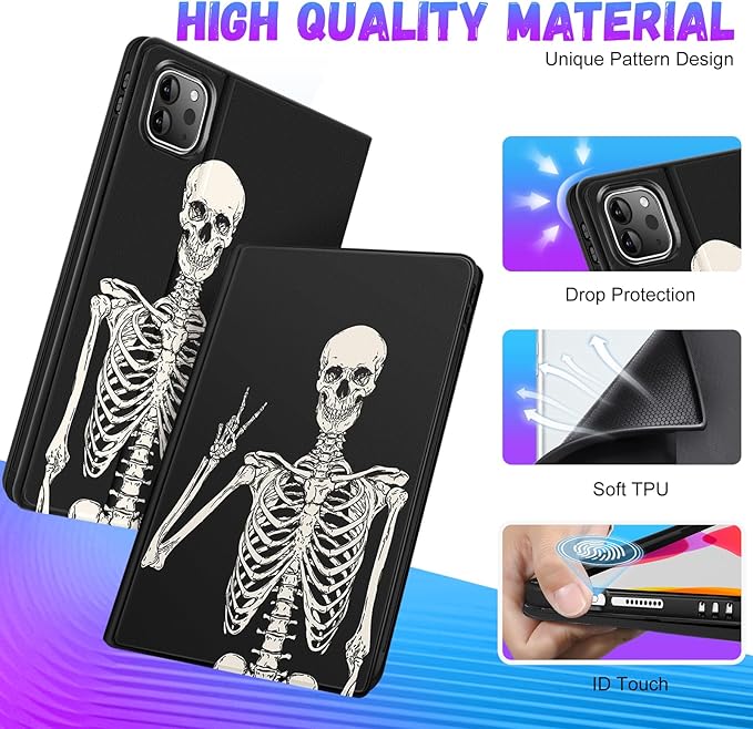 Uppuppy for iPad Air 13 Inch M2/M3, Pro 12.9 Case - Cute Women Boy Men Teens Skeleton Pencil Holder Folio Cover for Apple Air 13" 2024/2025, Pro 6th/5th/4th/3rd Generation Case