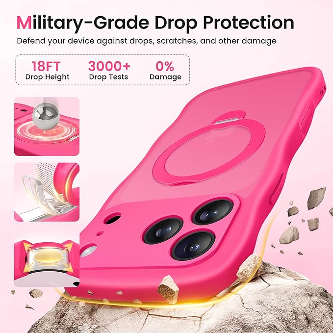 CAPRARO for iPhone 17 Pro Max Case with 360° Spin Magnetic Stand for Women, [Compatible with MagSafe] [Full Camera Protection] Cute Wave Translucent Matte Case for iPhone 17 Pro Max,Hot Pink
