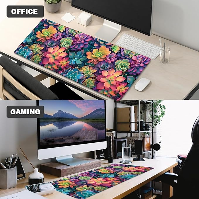 Colorful Succulent Pattern Gaming Mouse Pad – 12x31.5in Non-slip Rubber Desk Mat with Vibrant Plant Design – Large Extended Mousepad for Office Home – Deskmat Gifts for Nature Plant Lover Decor