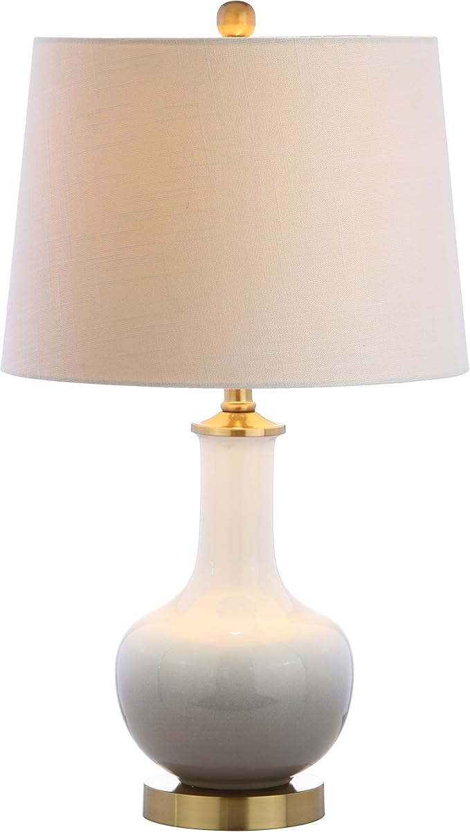 JONATHAN Y 25" White/Gray Gradient Ceramic Table Lamp, Brass Base LED Lamp for Bedside Nightstand Living Room, White Linen Drum Shade, Midcentury Decor (JYL3019B)