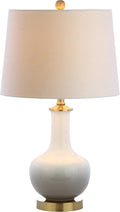 JONATHAN Y 25" White/Gray Gradient Ceramic Table Lamp, Brass Base LED Lamp for Bedside Nightstand Living Room, White Linen Drum Shade, Midcentury Decor (JYL3019B)