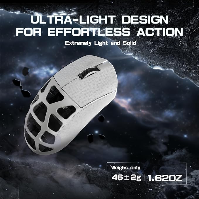FELICON x Attack Shark R3 Magnesium Alloy Wireless Gaming Mouse, 46g Ultra-Lightweight Skeletal Shell, PAW3395 26K DPI, 8K Polling, Tri-Mode 2.4G/BT/Wired, for PC Mac Laptop - White & Griptape