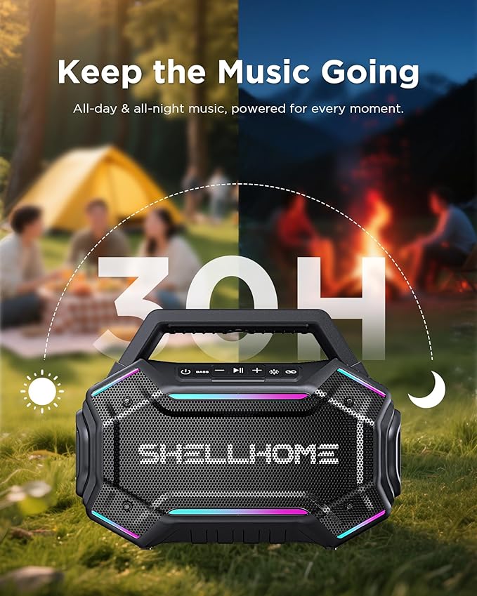 ShellHome Bluetooth 6.0 Speakers Outdoor, 80W(Peak) Loud Speaker with Bass, 30H Playtime, IPX6 Waterproof, RGB Lights, BassUp 2.0, TWS, Portable Large Jobsite Speakers for Party, Garage