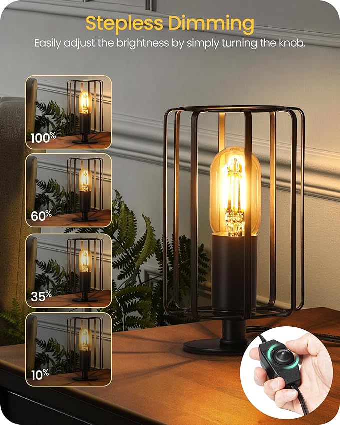 Industrial Table Lamp Set of 2, Small Bedside Lamp with Dimmable 2400K Warm Light LED Bulb, Vintage Desk Lamp, Rustic Nightstand Lamp for Bedroom, Study, Office, Small Space, Black B05TLP205