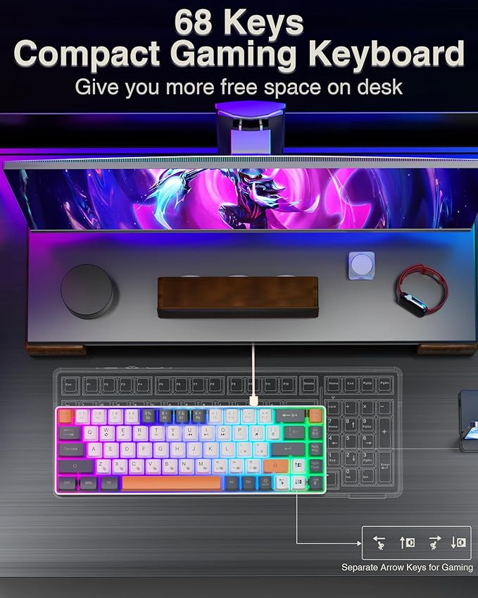 CORBOBO 60 Percent Keyboard,RGB Backlit Gaming Keyboard USB-C Wired,Portable 68 Keys Compact Mini Keyboards for Business Trips,Office,PC Games (SK968,Grey&Orange)