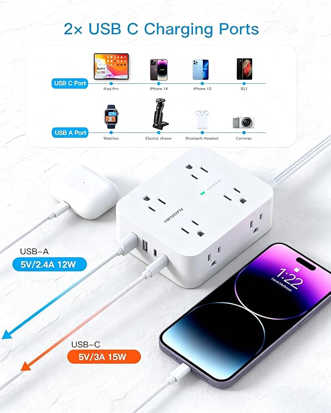 HANYCONY 25 Ft Extra Long Extension Cord with Ultra-Thin Flat Plug, 8 Widely Spaced Outlets & 4 USB Ports (2 USB C), 1080J Surge Protector Power Strip for Home, Office, Workshop, Wall Mount Design