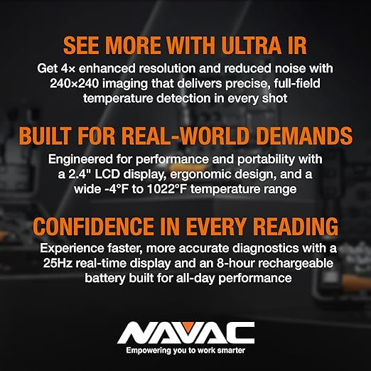 NAVAC NMT1200 Thermal Imaging Camera - Ultra IR Technology & Thermal Detector - Reduced Noise - Accurate Imaging - 25Hz Refresh - Up to 8-Hour Battery Life -Multiple Color Presets for HVAC Technicians