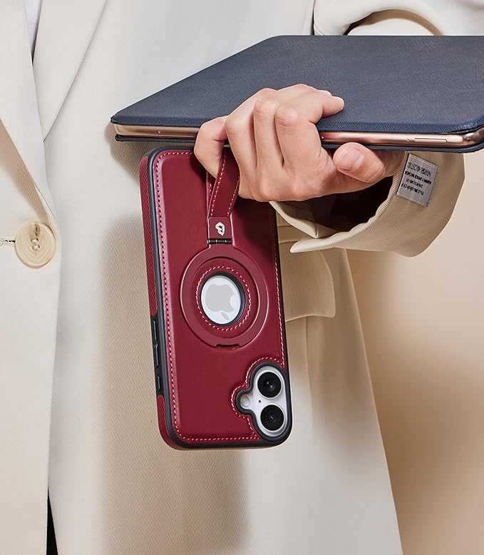Butaiga for iPhone 16 Plus Leather Case with Stand, Anti-Slip Grip Ring, Fits for MagSafe (Burgundy, iPhone 16 Plus)
