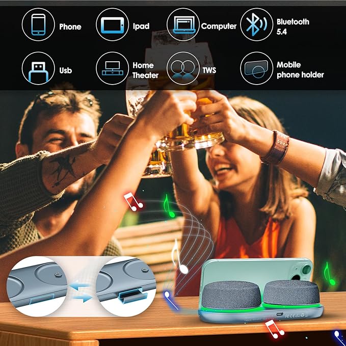 Dual Bluetooth Speaker Set with Magnetic Base & Phone Stand - TWS Stereo Sound, 10H Playtime, 3H with RGB Music Lights on - Wireless Speaker for Home Theater, Outdoor, TV Watching (BH132AE)