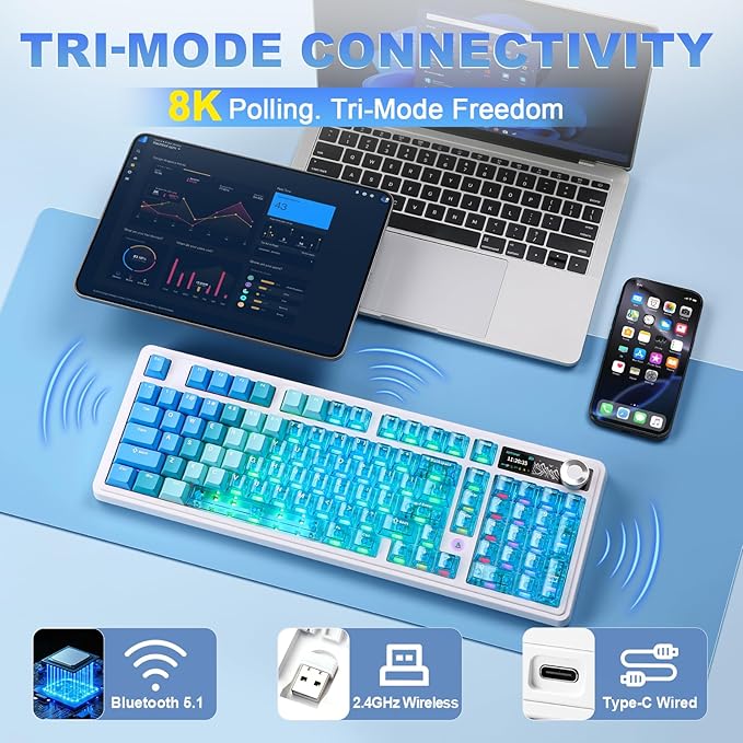 AJAZZ AK980 V2 Pro 98% Dual 8K Mechanical Keyboard, 10000mAh Wireless Tri-Mode Gaming Keyboard with Smart Display & Knob, Hot Swappable BT/2.4G/USB-C for Win/Mac (Blue,Lychee Switch)