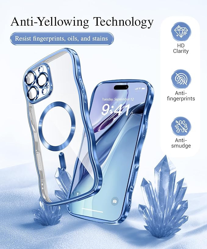 GVIEWIN for iPhone 16 Pro Case Compatible with MagSafe, Upgraded [Full Camera Protection][Cute Wave Frame][Military Grade Protection] Electroplated Soft Phone Cover for Women Girl, Clear/Light Blue